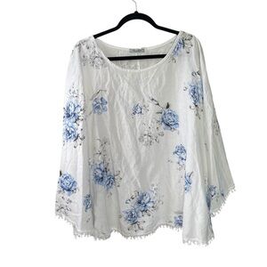 ELENA BALDI Italy Linen Poncho Coverup Floral Print White Blue One Size